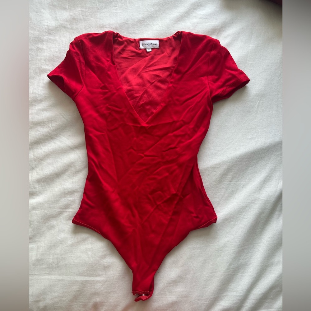 Privacy Please V-Neck Red Thong Bodysuit